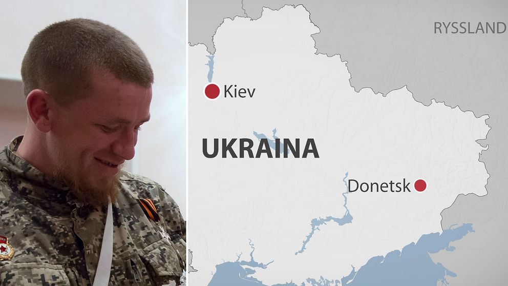 Arseny Pavlov samt en karta över Donetsk läge i Ukraina.