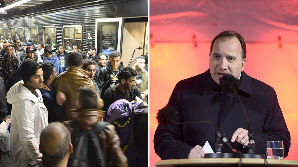 Flyktingar vid Stockholms central och Stefan Löfven.