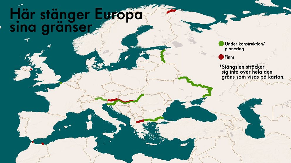 En karta över de europeiska länder som satt upp stängsel eller planerar att göra det.
