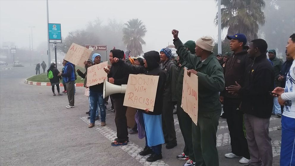 Anställda på Robertson Winerys fabrik protesterar utanför entrén.