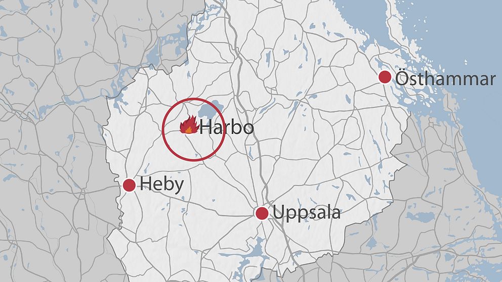 Karta som visar Heby, Harbo, Östhammar och Uppsala.