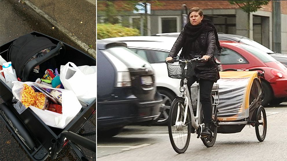 Emily Lundström på cykel och cykelvagnen full med matvaror och ett barn
