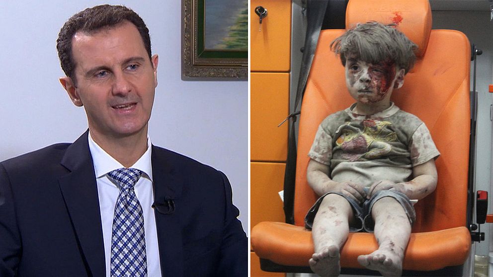 Bashar Al-Assad, Syriens president och Bilden på den lille pojken Omran Daqneesh som räddades ur rasmassorna efter ett flyganfall i Aleppo har blivit en symbol för kriget.