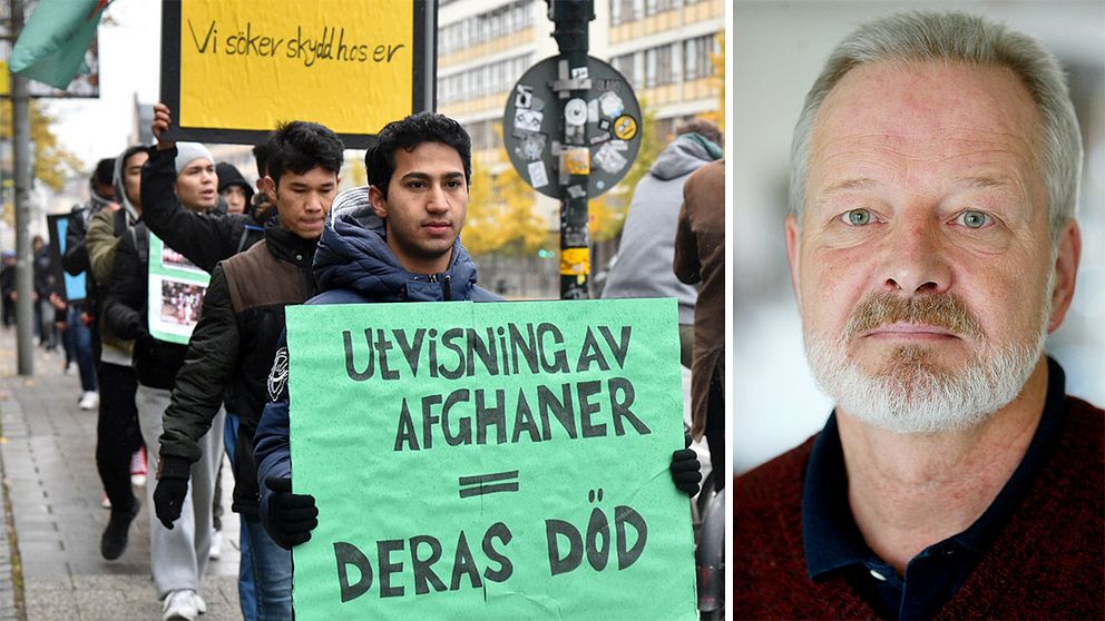 Vänster: Afghanska asylsökande demonstrerar mot Migrationsverkets skärpta praxis i Stockholm. Höger: Afghanistanexperten Anders Fänge