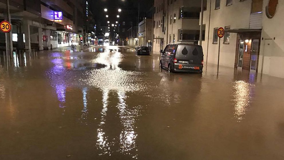 Översvämning i centrala Eskilstuna.