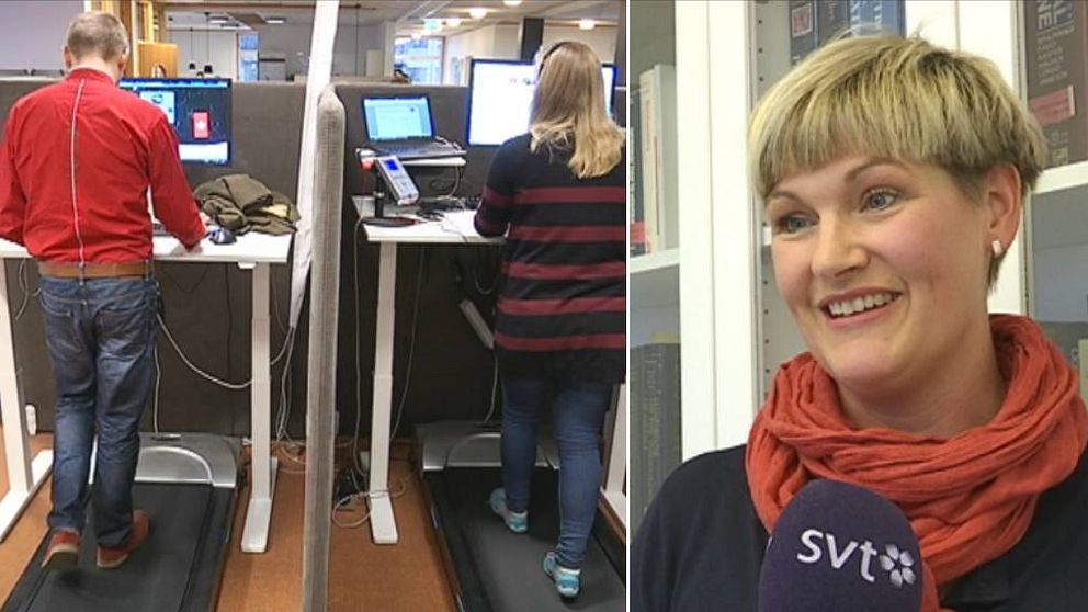 Sjukgymnasten Viktoria Wahlström och två personer på gåband vid dator