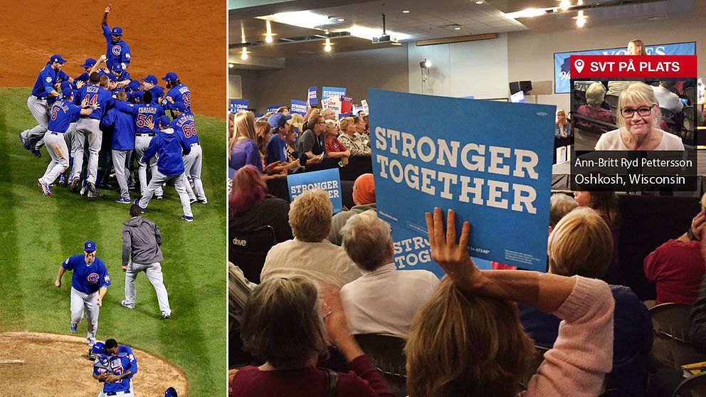Chelsea Clinton, dotter till presidentkandidaten, kampanjade i Wisconisin under onsdagen – samma kväll gick finalen av World Series av stapeln, finalen i den amerikanska baseballens högsta serie.