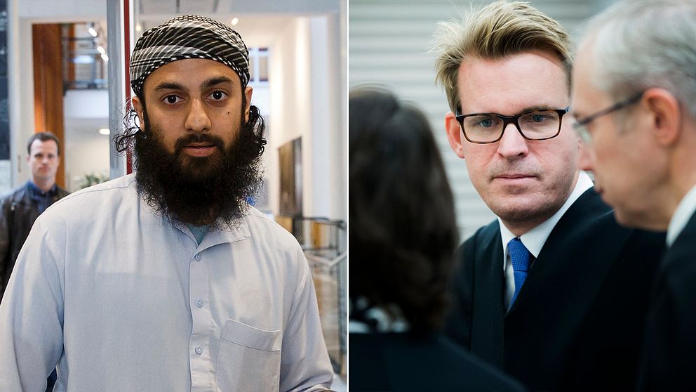 Islamisten Ubaydullah Hussain i samband med ett tidigare rättsfall i Norge 2014 – till höger åklagare Frederik G. Ranke.