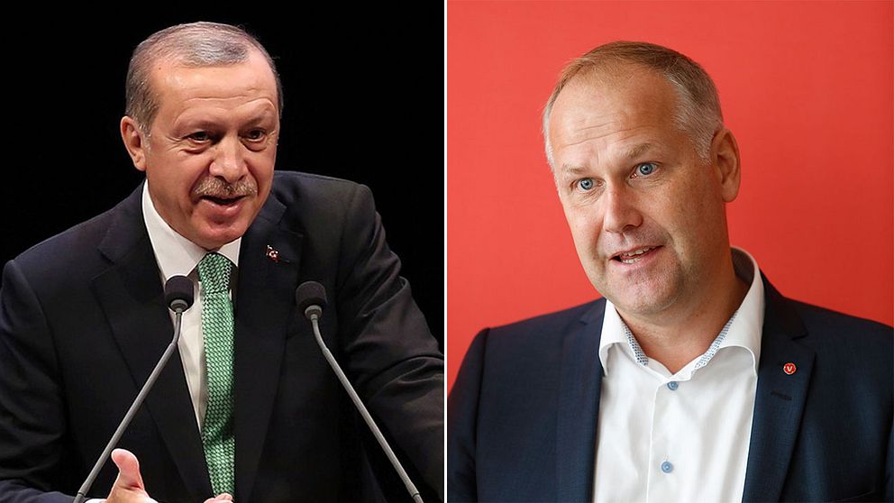 Vänster: Den turkiska presidenten, Recep Tayyip Erdogan. Höger: Partiledare för Vänsterpartiet, Jonas Sjöstedt.