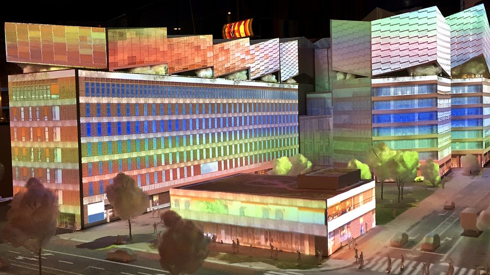Tredje förslaget på hur det nya Trygg Hansa-huset ska se ut. Här färgat i regnbågens alla färger.