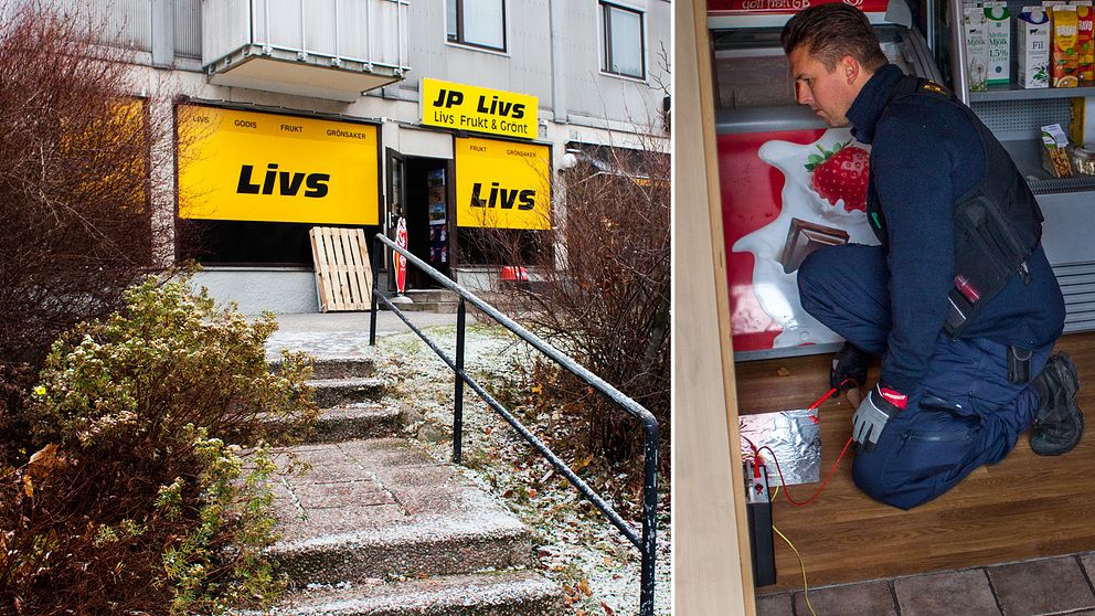 Fotomontage. Bild på butiken som ligger i eriksberg och en bild på en polis som arbetar med tekniskt arbete.