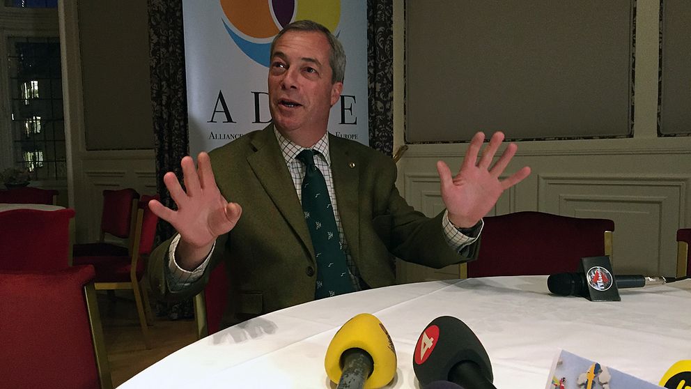Nigel Farage på presskonferensen i samband med konferensen.