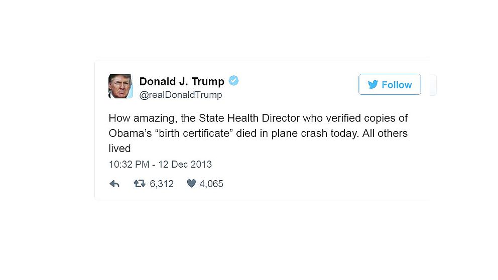 Trumps tweet där han ifrågasätter omständigheterna kring Hawaiis hälsodirektörs död.
