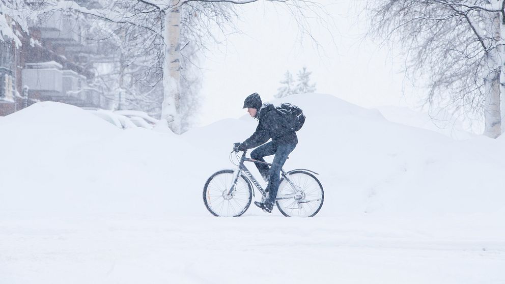 En bild på en cyklist som kämpar i snöstorm.