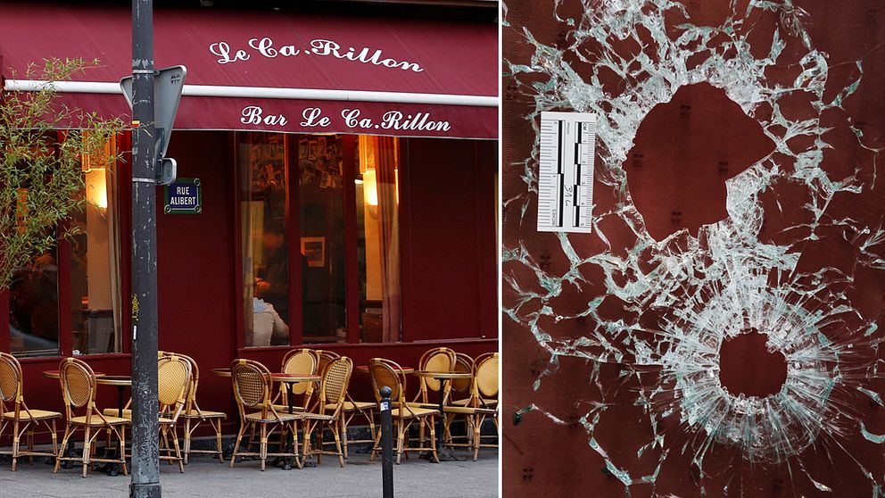 Baren le Carillon i Paris 10:e arrondissement, samt skotthål i krogens fönster.