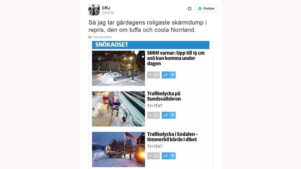 Användaren CRJ tog en skärmdump från Östersundsposten för att illustrera att man även får snöstrul i norr.