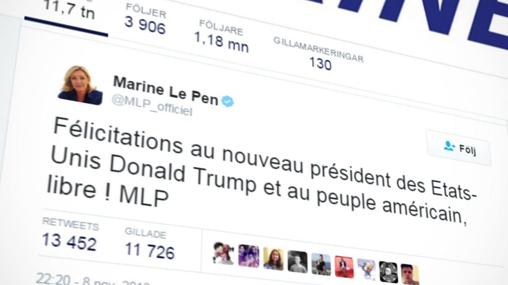 Twittermeddelande där Marine Le Pen gratulerar Donald Trump till valsegern.