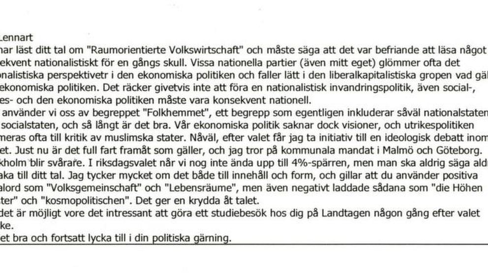 Ett mej från Patrik Ehn till hans NPD-kontakt Per Lennart Aae.