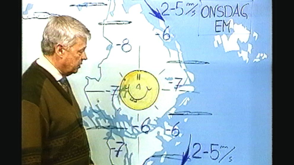 Meteorologen Stig Ahlgren ritade gärna glada solar på väderkartan.