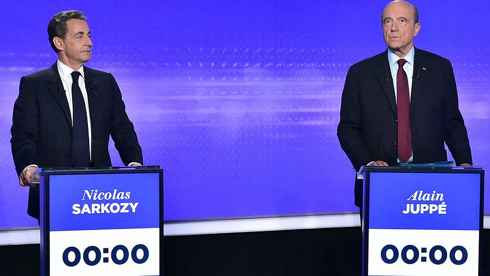 De två huvudkandidaterna i Republikanernas primärval inför presidentvalet i Frankrike 2017. Expresidenten Nicolas Sarkozy (tv) och Alain Juppé, borgmästare i Bordeaux och tidigare premiärminister och utrikesminister.