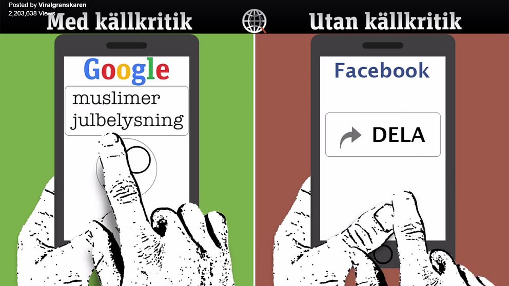 Två telefoner. En av telefonerna med överskriften källkritik, som googlar på orden muslimer och julbelysning. Den andra av telefonerna med överskriften utan källkritik, som delar på Facebook.