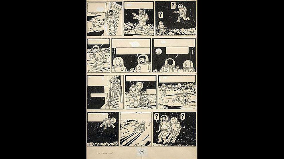 Ett orginalverk av Hergé föreställande Tintin på månen har sålts för rekordsumman 15 miljoner kronor
