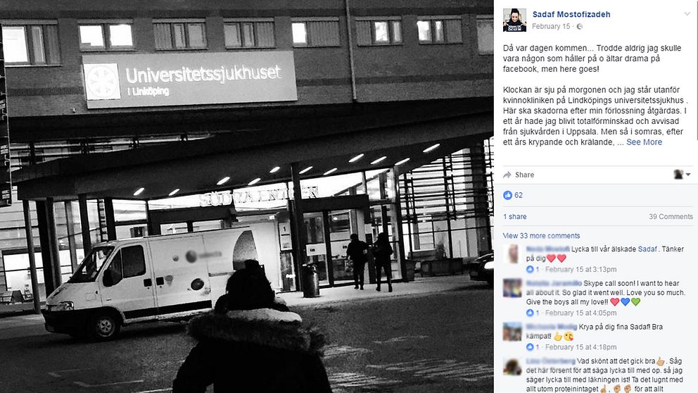 Bilden är en skärmdump från facebook. Till vänster syns en kvinna fotad bakifrån, hon är på väg mot Universitetssjukhuset i Linköping. Byggnaden syns i bakgrunden.