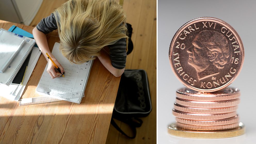 Fotomontage, bild på ung tjej som gör läxor till vänster och till höger en bild på mynt.