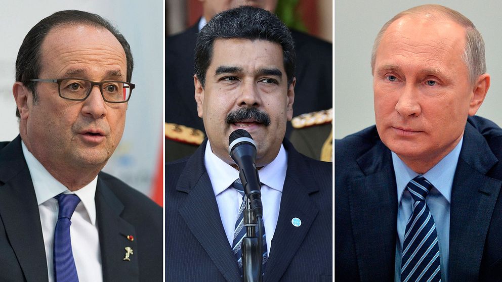 Frankrikes president François Hollande, Venezuelas president Nicolas Maduro och Rysslands president Vladimir Putin.