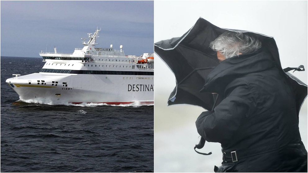 Destination Gotland M/S Visby samt en person under ett paraply i blåsten.