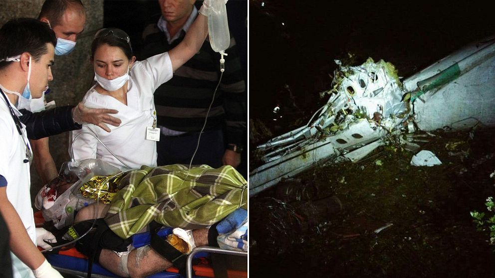 Sjukvårdspersonal tar hand om skadade efter flygkraschen i Colombia.