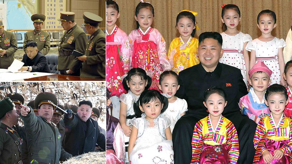 Bilder från Kim Jong-Uns besök på militära anläggningar varvas med bilder där ledaren poserar omgiven av barn.