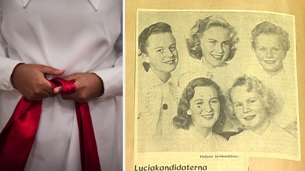 Rött luciaband som knyts och ett tidningsutklipp på luciakandidater på 50-talet