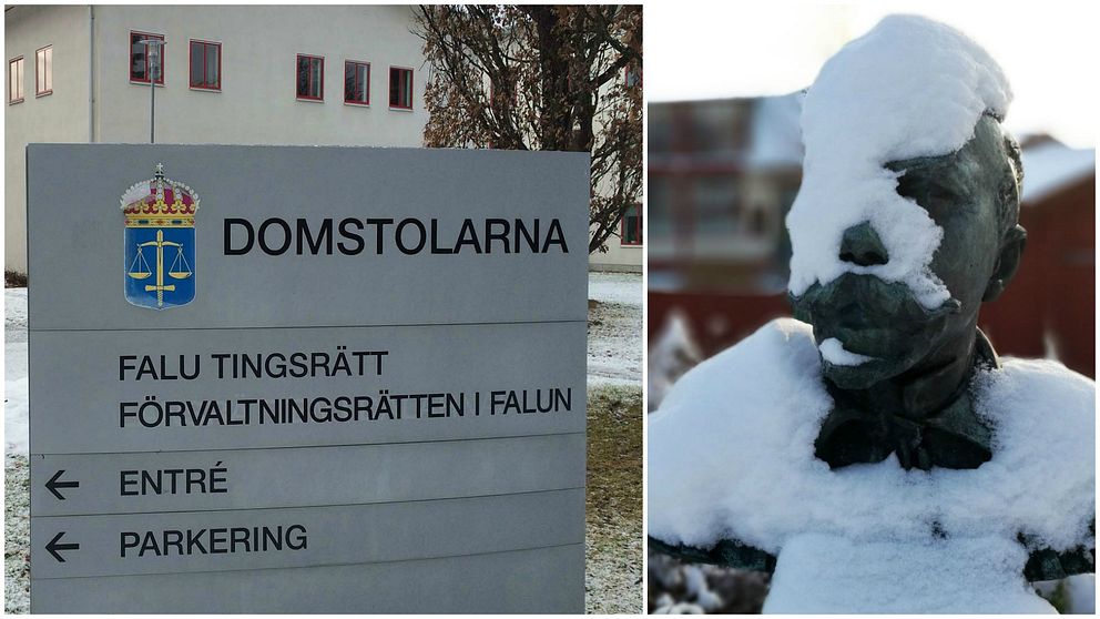 Falu tingsrätt-skylt och en snötäckt Carl Larsson-staty