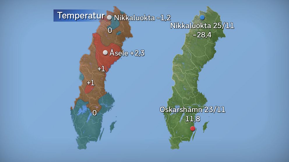 Till vänster månadens medeltemperatur jämfört med referensperioden 1961–1990 (och de stationer som fick störst/minst över/underskott). Till höger månadens högsta och lägsta temperatur.