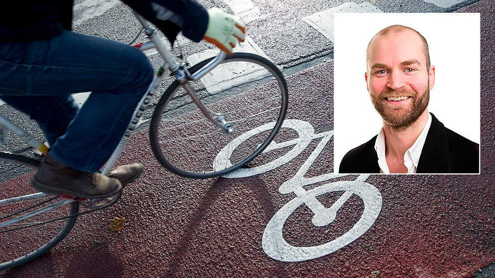 Cykel på cykelbana och porträttbild på Lars Strömgren.