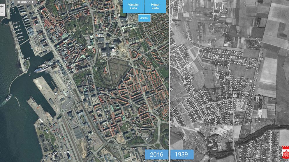 Flygbild över centrala Helsingborg från 2016 och 1939.