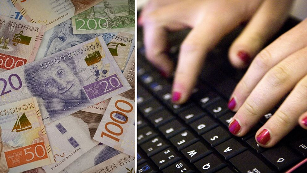 pengar och händer som skriver på ett tangentbord i montage