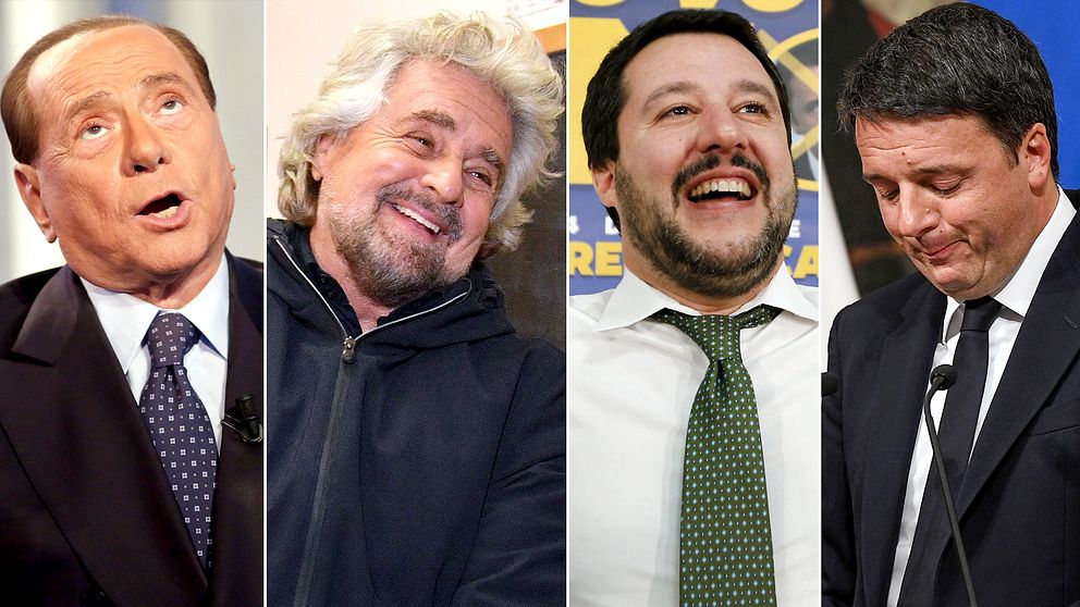 Tre segrare i Italiens folkomröstning (från vänster): Silvio Berlusconi, Beppe Grillo och Matteo Salvini bredvid den stora förloraren (till höger) – avgående premiärminister Matteo Renzi.