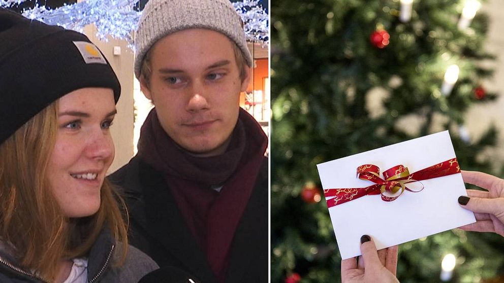 Hand som håller ett kuvert vid en julgran och bild på Maja Palm och Eddie Blomgren