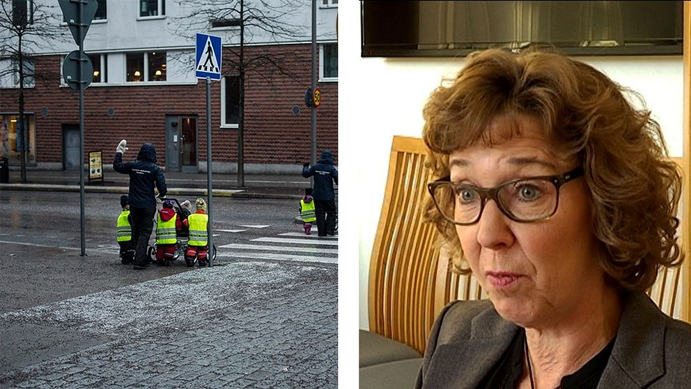 förskolebarn som går på ett övergångsställe och Marie Magnusson (KD) i ett montage