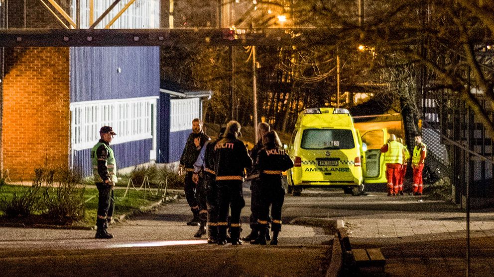 Två personer, en kvinna och en pojke, har förts till sjukhus efter att ha blivit attackerade med kniv vid en skola i Kristiansand i södra Norge.
