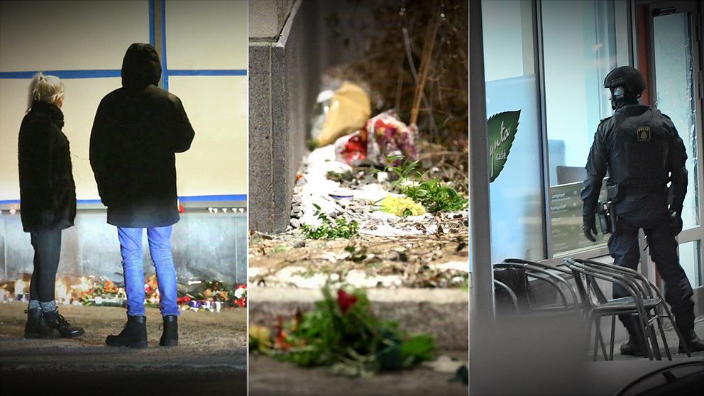 Blommor och ljus utanför kaféet där dödskjutningen skedde. Polisstyrka på plats i höger bild.