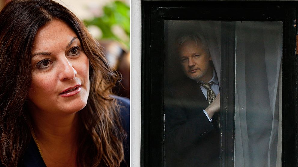 Elisabeth Massi Fritz, målsägarbiträde till kvinnan, och Julian Assange på Ecuadors ambassad i London.