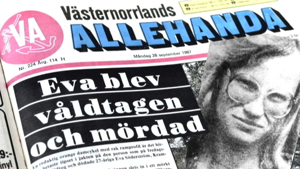 Tidningen Västernorrlands Allehanda, förstasidan om Evamordet, mordet på Eva Söderström 1987