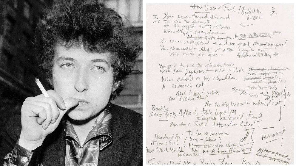 Bob Dylan 1965 och Dylans originalanteckningar till vad som kom att bli sången ”Like a rolling stone”.