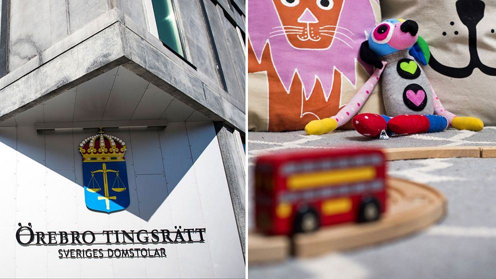Ett montage av en bild på Örebro tingsrätts fasad och ett lekrum, med färggranna kuddar och ett gosedjur.