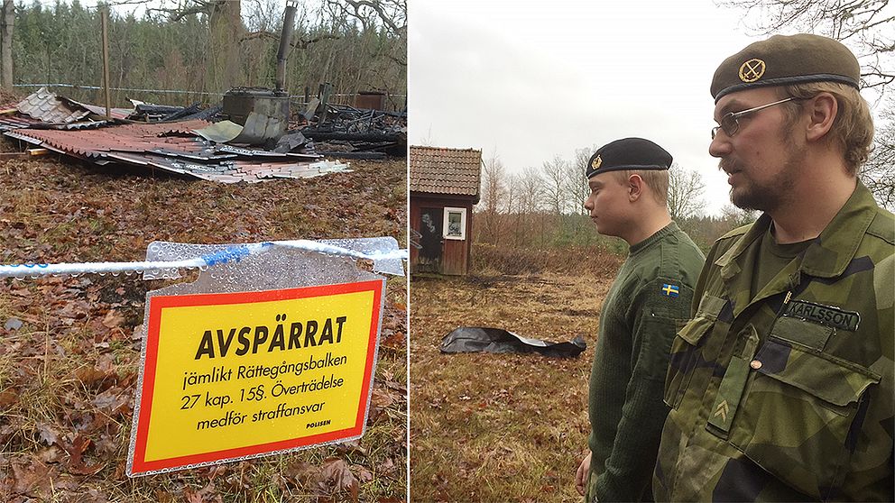 Nedbrunnet hus. Två män i militärkläder.