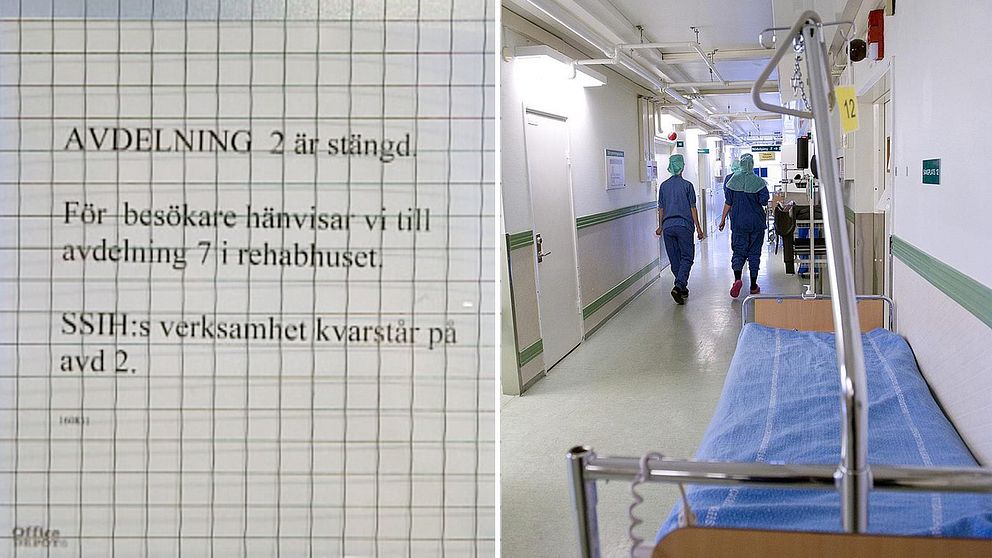 En skylt som informerar om stängda vårdplatser och en sjukhussäng.