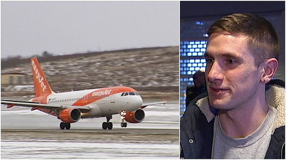 Bild på flygplan som lyfter, bild på en ung man i vänthall